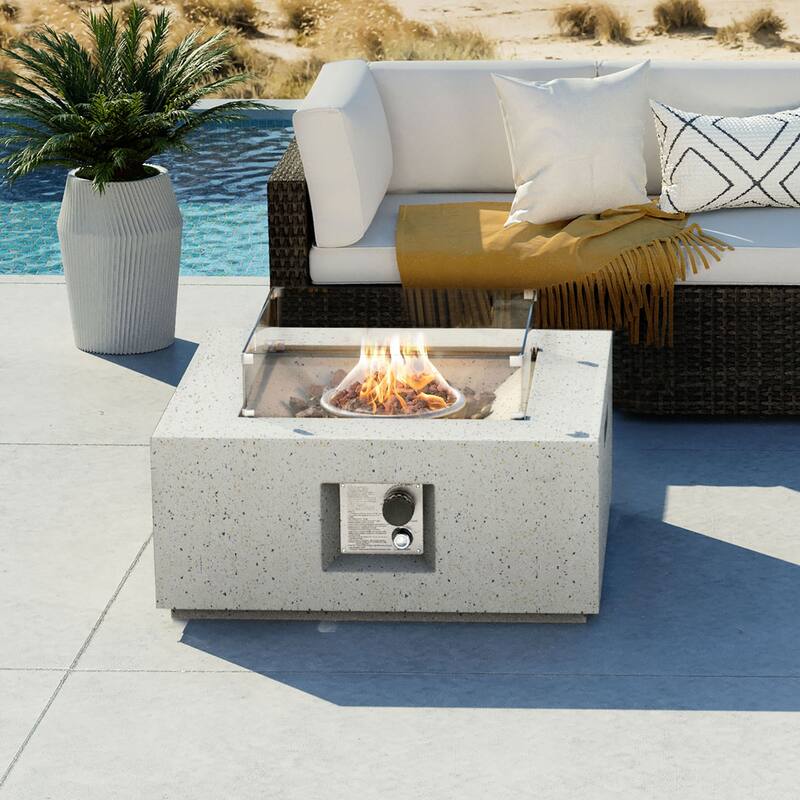 Square Outdoor Patio Propane Firepit with Wind Guard - White