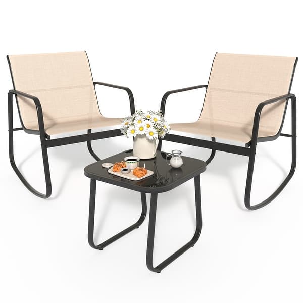 slide 2 of 12, Moasis 3 Piece Rocking Patio Furniture Bistro Set with Chairs and Glass Table Khaki