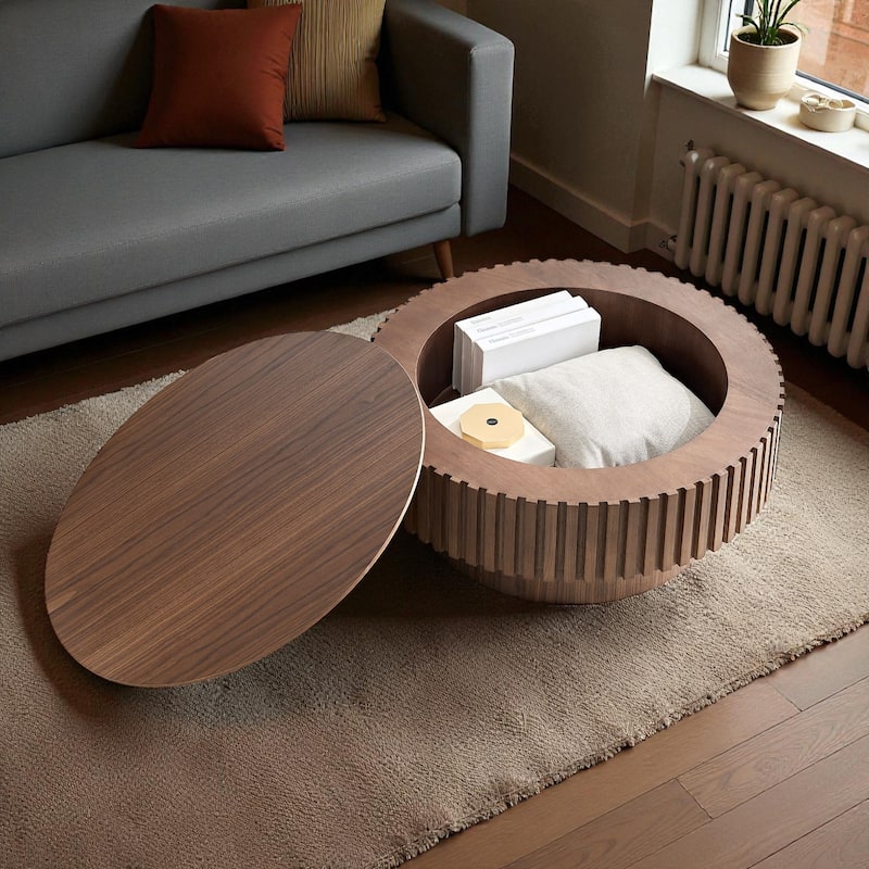 31.49'' Modern Round Coffee Table with Storage, Small Pedestal Coffee Table for Apartment or Living Room