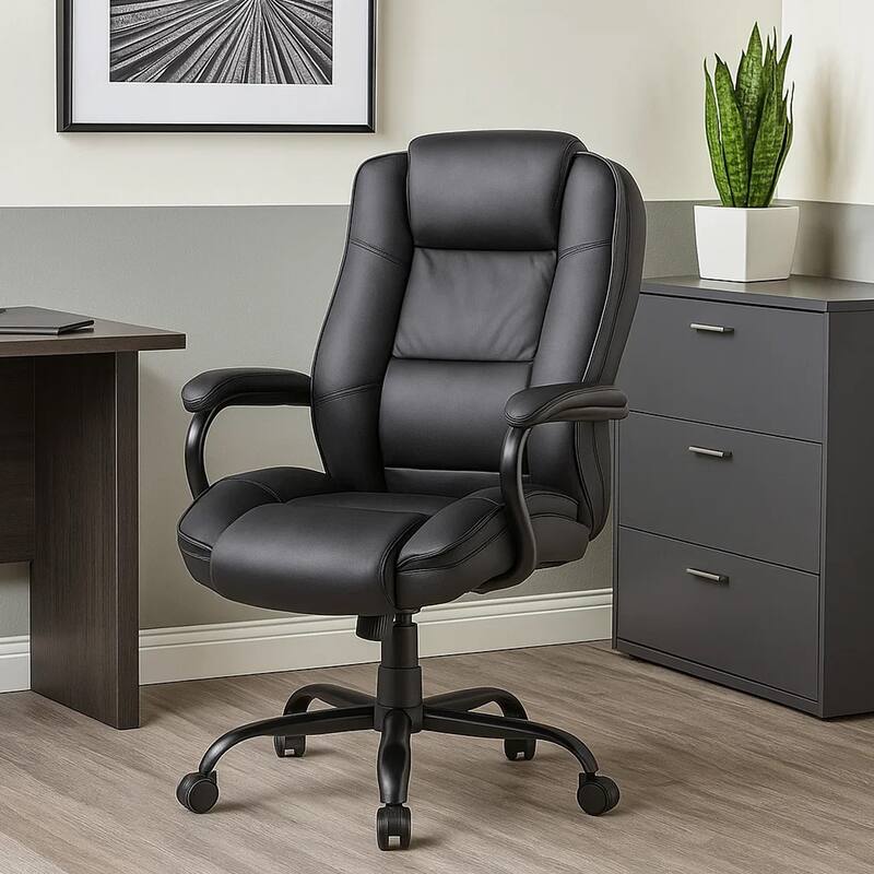 Liv Rolling Oversized Swivel Chair, Black Faux Leather, 400lbs