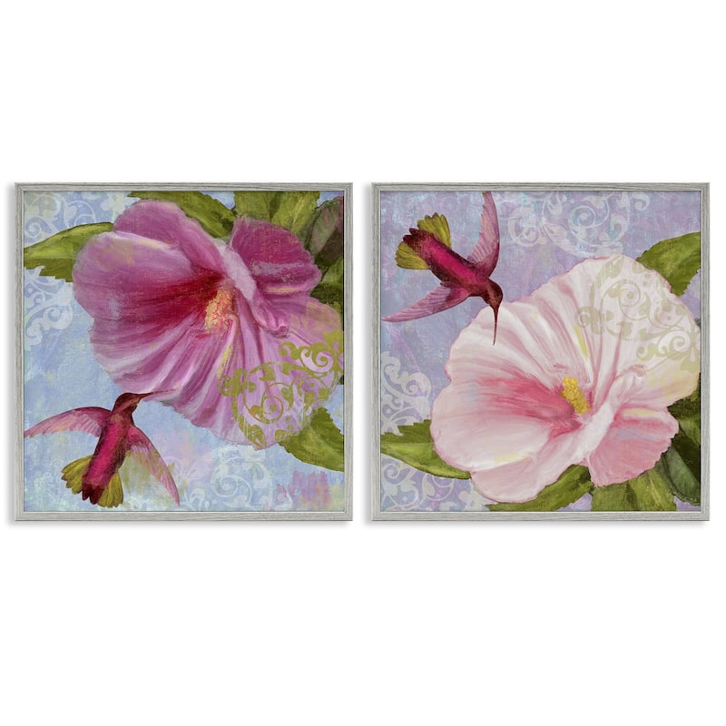 Stupell Hummingbirds & Poppy Bulbs Framed Giclee Art Design By Sasha (Set of 2) - 17 x 17 - Grey