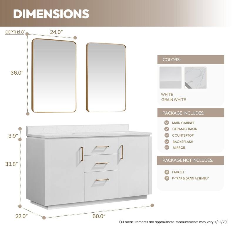 Miseno MV-SAN60M-GW San 60" Free Standing Double Basin Vanity Set with