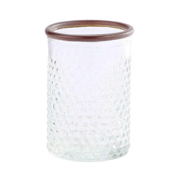 6.5" Clear and Brown Textured Dot Pattern Cylindrical Glass Vase with Rim Leather - N/A