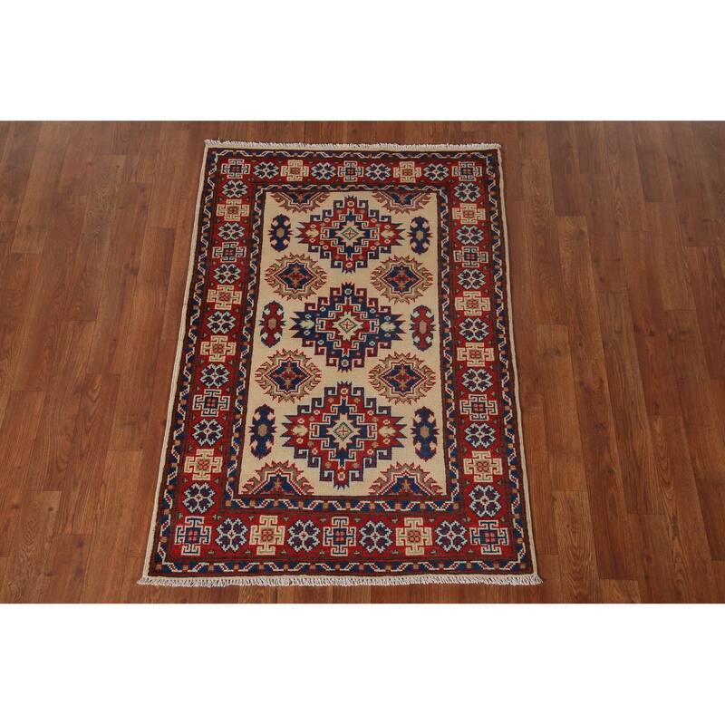 Geometric Kazak Accent Rug Handmade Oriental Wool Carpet - 2'9" x 4'1"