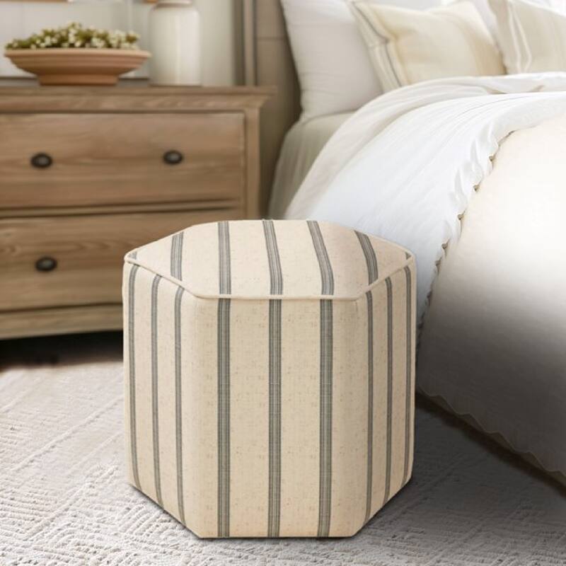 Roomfitters Hexagon Accent Ottoman, Farmhouse Stripe Upholstered Seat for Living Room or Bedroom, Natural