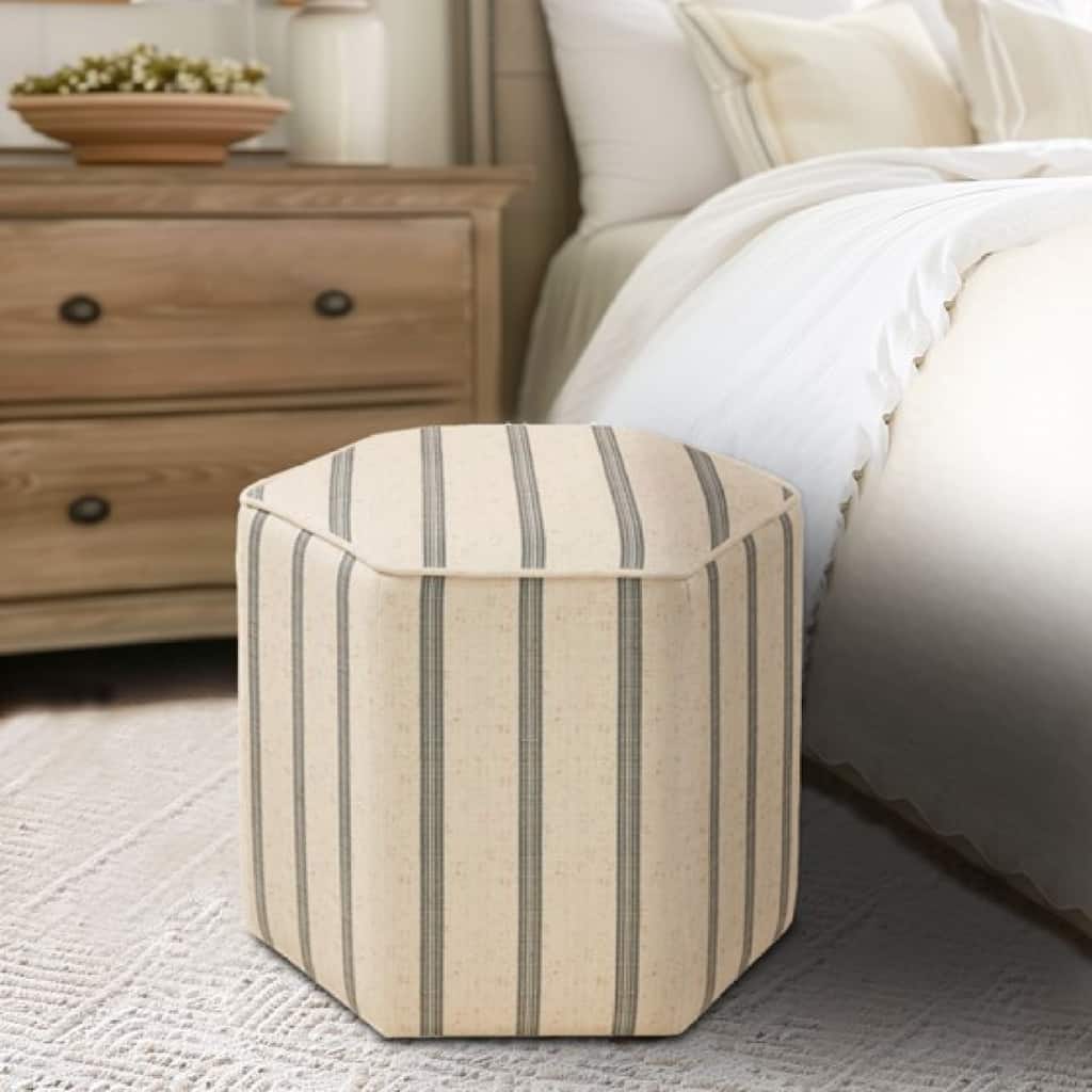 Roomfitters Hexagon Accent Ottoman, Farmhouse Stripe Upholstered Seat for Living Room or Bedroom, Natural