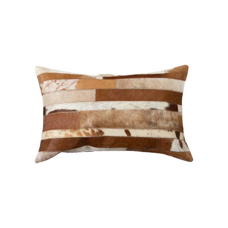 Set of Two 12" X 20" Brown and White Patchwork Cowhide Lumbar Throw Pillows
