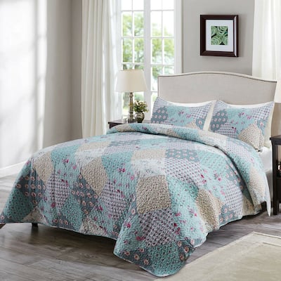 Floral Pattern Printed Quilt Set Coverlet Microfiber Queen Diamond