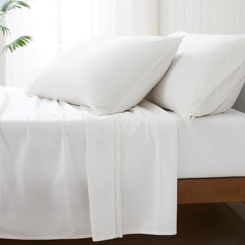 Lush Decor Evelyn Lace Trim White Cotton 4-Piece Sheet Set