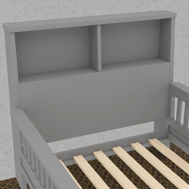 Twin Platform Bed with Storage Headboard, Safety Guardrails and Pull-Out Convertible Sofa/Playpen Design