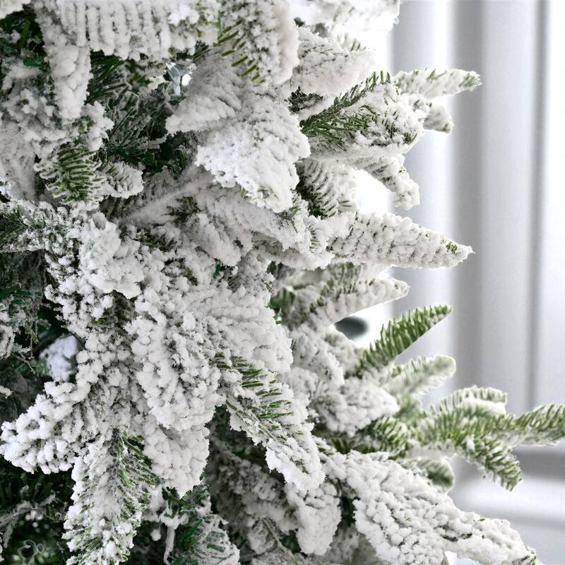 7ft Snow Flocked Unlit Christmas Tree with Mixed PE PVC Tips, Full Branches and Metal Stand
