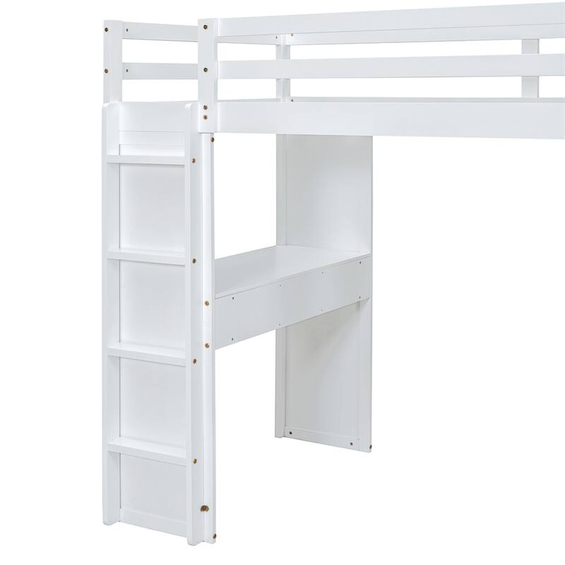 Full Size Loft Bed with large shelves, writing desk and LED Light
