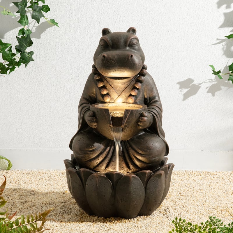Glitzhome 21.75"H 2-Tiered Lighted Zen Style Frog Elephant Hippo Polyresin Outdoor Fountains