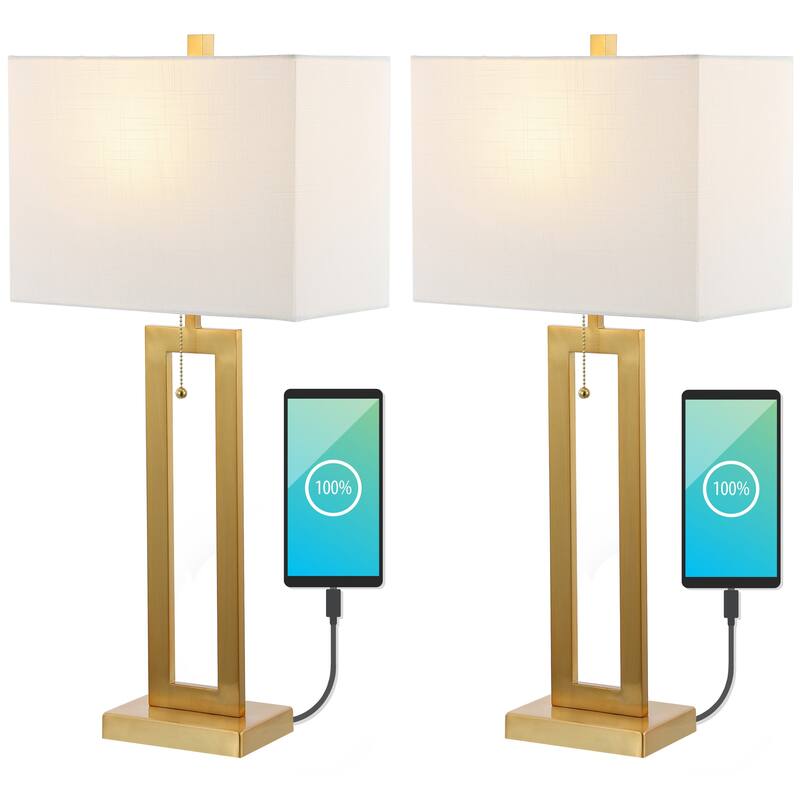 Lucie 28.5" Vintage Industrial Iron LED Table Lamp with Pull-Chain and USB Charging Port, (Set of 2) by JONATHAN Y