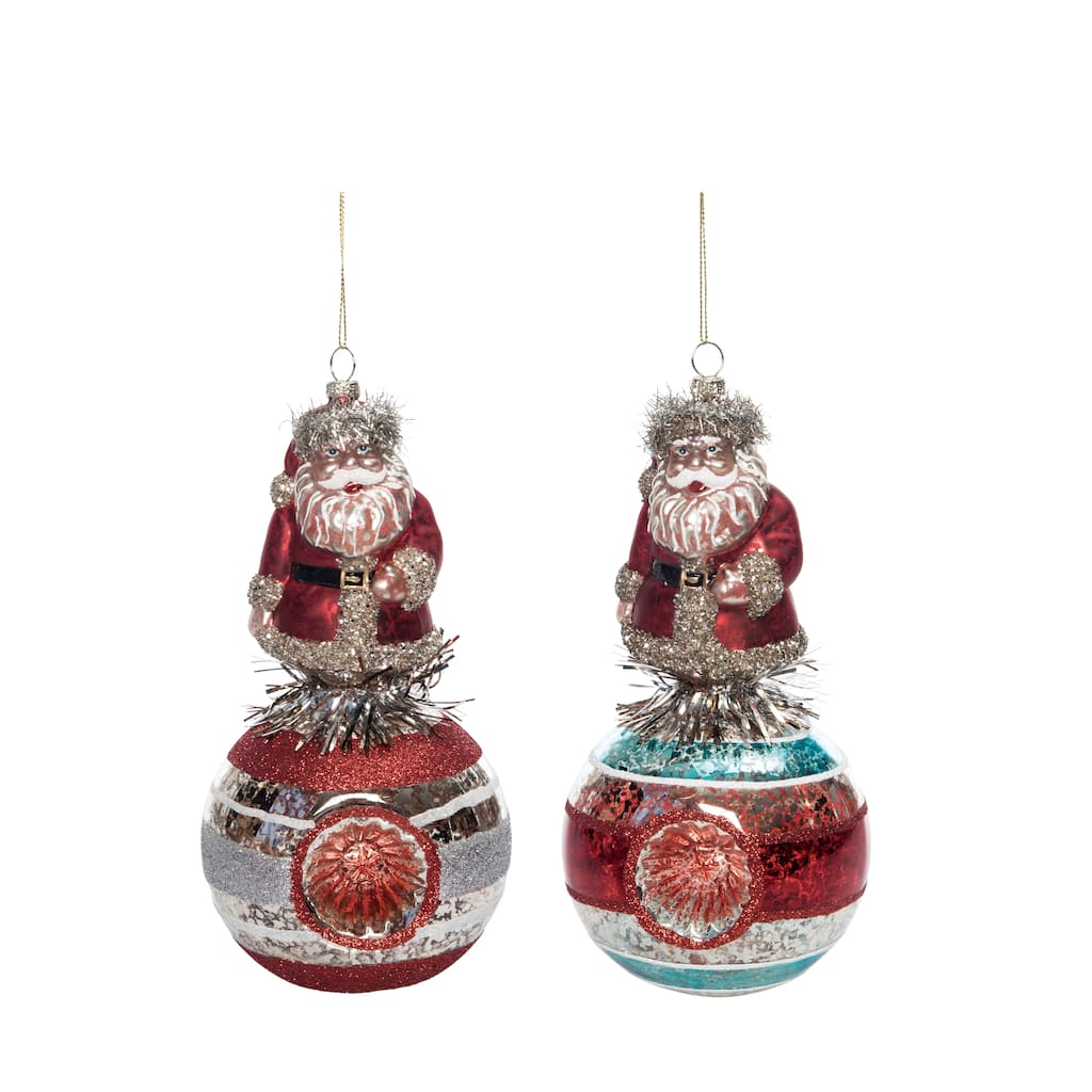 Transpac Glass Figural Tinsel Santa Ornament Set of 2 Christmas Home Decorations - Multicolor
