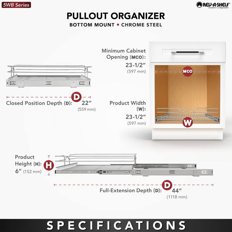 Rev-A-Shelf Pullout Single Basket Organizer for Kitchen Cabinets, 24 x 22 In, 5WB1-2422CR-1 - 23.5"W x 22"D x 6"H