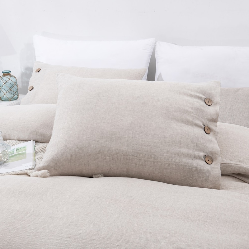 WHOLINENS Stone Washed French Linen Duvet Set 3Pcs Coconut Shell Button Closure