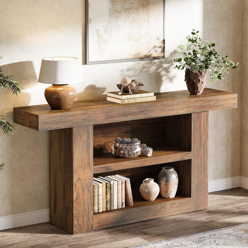 63-Inch Console Table, 3-Tier Farmhouse Entryway Table with U-Shaped Base for Entrance, Hallway, Living Room Foyer, Brown
