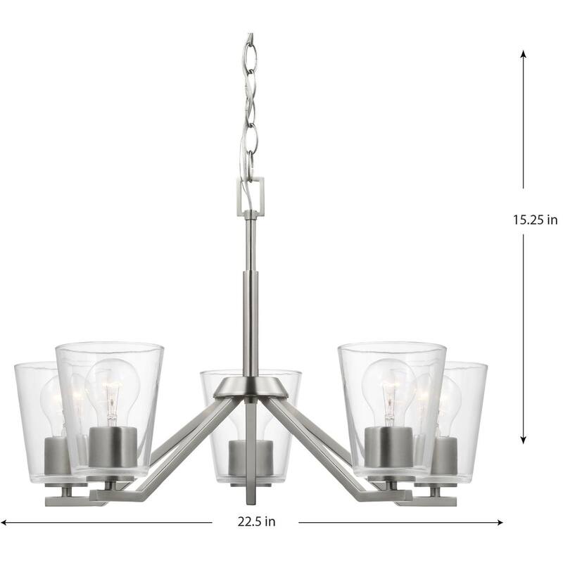Vertex Collection Five-Light Brushed Nickel Clear Glass Contemporary Chandelier - 22.5 in x 22.5 in x 15.25 in