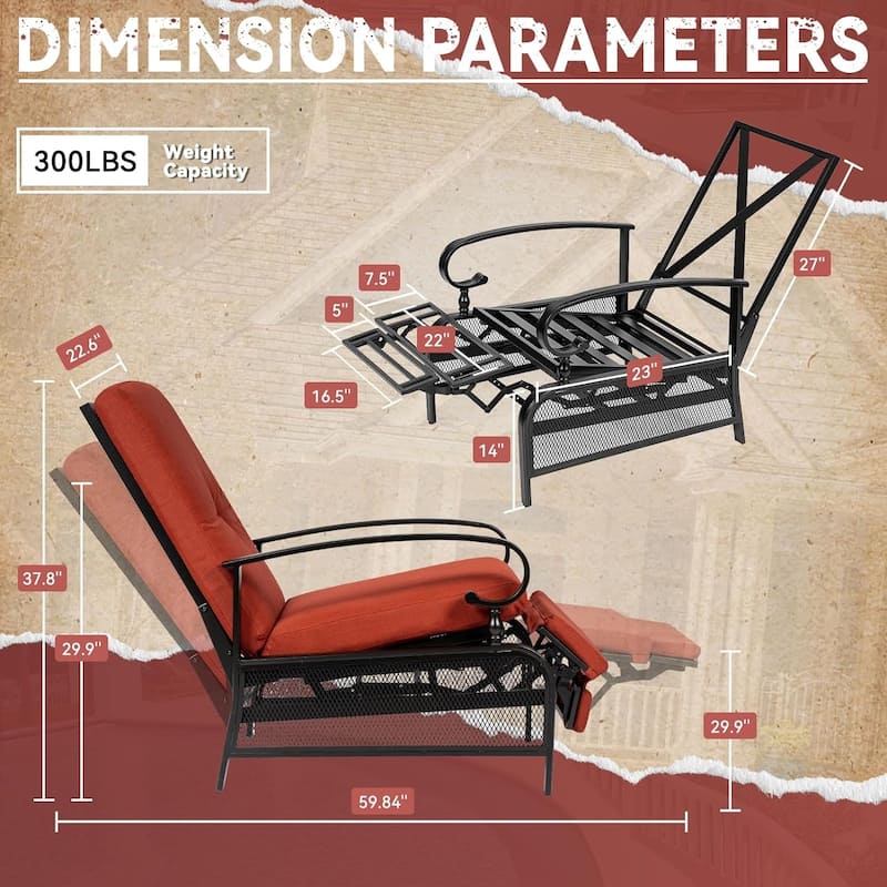 2 Piece Outdoor Metal Patio Adjustable Recliner Lounge Chairs with Retractable Steel Frame and Removable Thick Cushion