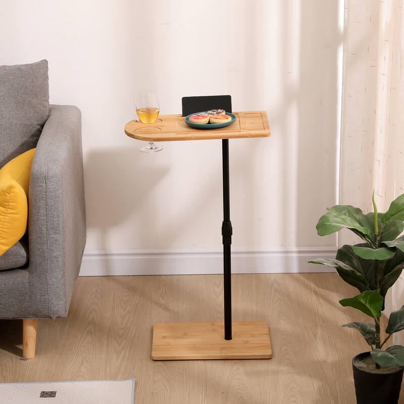 Couch Tray Table Bamboo Height Adjustable Side Table for Sofa C-shaped Oval End Tables