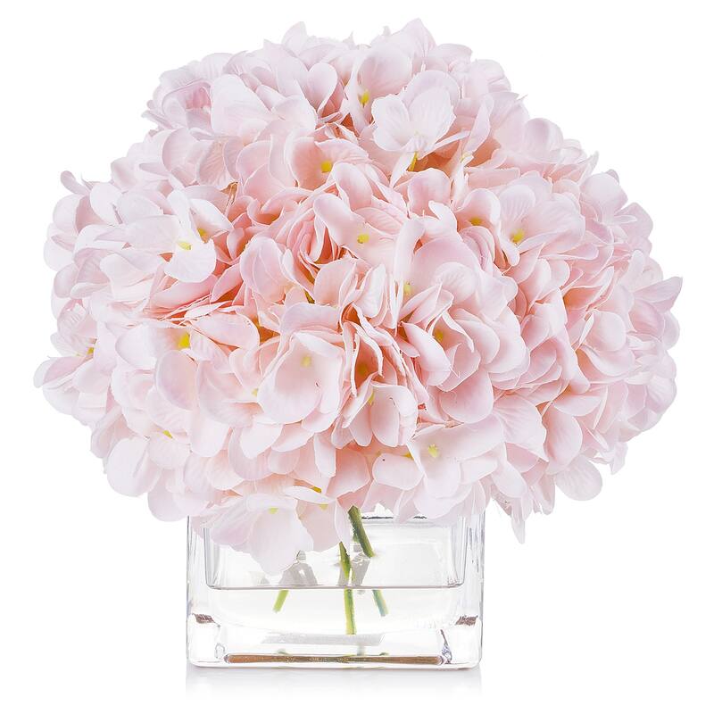 Enova Home Artificial Silk Hydrangea Fake Flowers Arrangement in Cube Glass Vase with Faux Water for Home Office Decoration - Pink