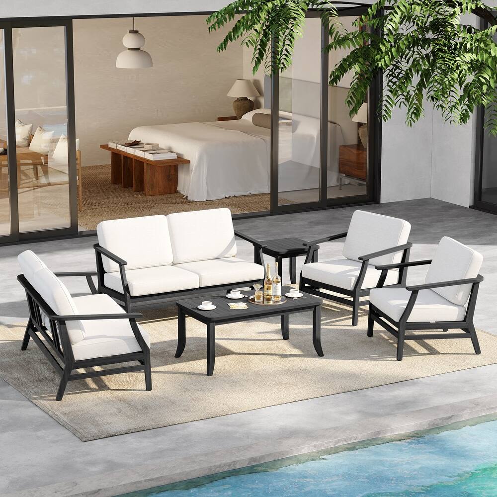 6-Seat Outdoor Teak Wood Patio Conversation Set with Cushions Tables