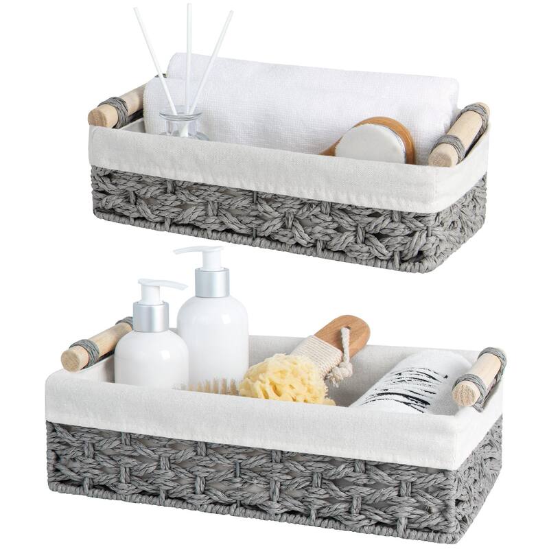 2-pack Natural Wicker Baskets with Liner and Handle, Storage Basket for Bathroom, Living Room, Kitchen - 3.25"D x 12"W x 7.75"H - Gray(Paper)