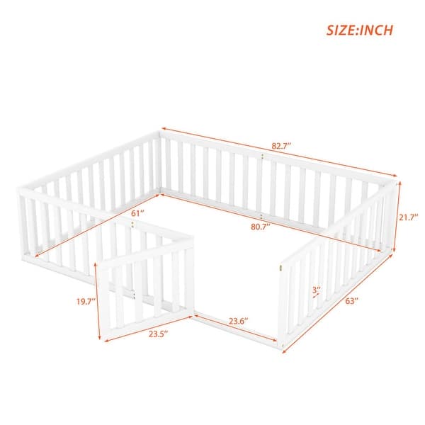 Queen Size Wood Floor Bed Frame with Fence and Door, White
