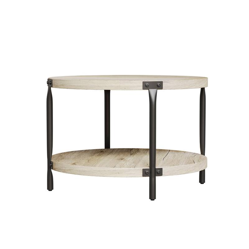GDFStudio - Vale Minimalist Double Layer Round Coffee Table with Open Storage and Metal Frame Support, Easy Assembly - 29.61"W