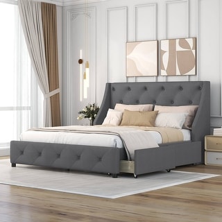 Upholstered Platform Bed Queen Size with Wingback Tufted Headboard and ...