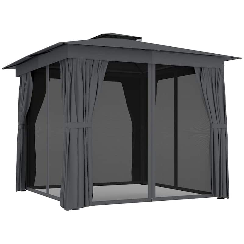 Outsunny 10' x 10' Outdoor Patio Gazebo, Soft Top Gazebo Canopy Shelter with Double Roof, Curtains, Netting, Steel Frame