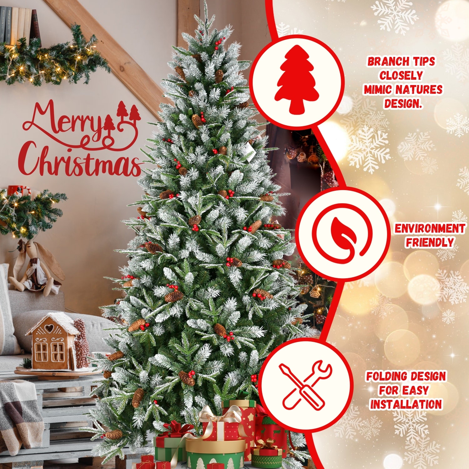 7.5ft Artificial Christmas Tree with Snowy Branches, Red Berries, Pine Cones  for Holiday Cheer - Bed Bath \u0026 Beyond - 42120450, image size:1500x1500