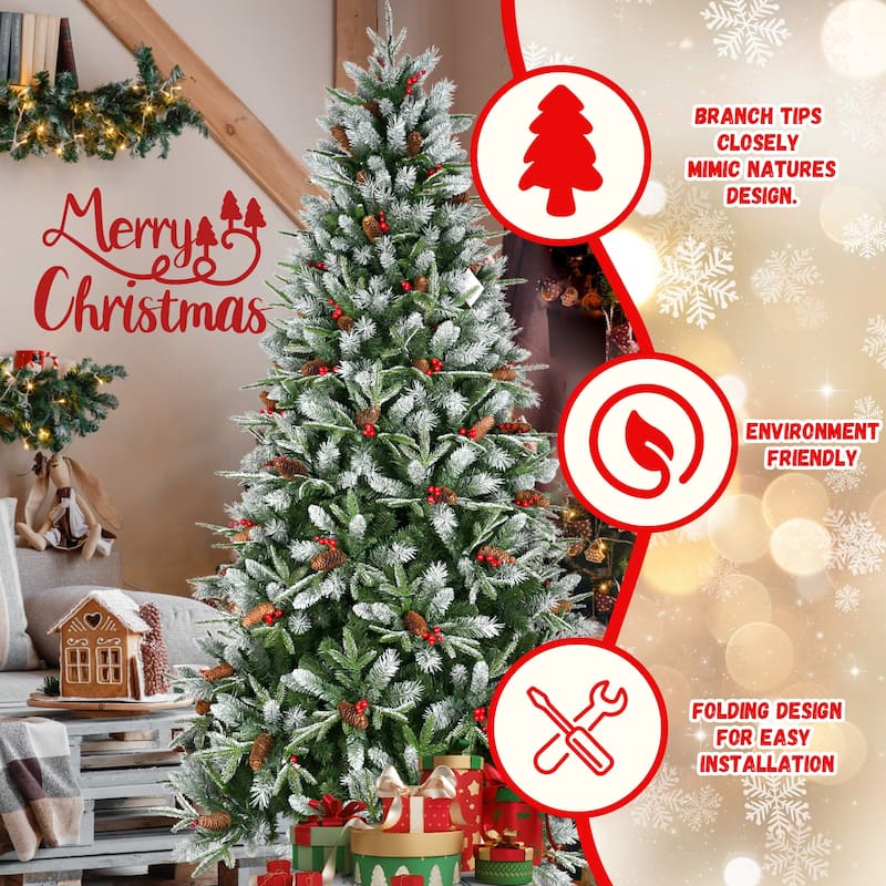 Artificial Christmas Tree - Snow-Dusted PE+PVC Branches, Red Berries, Pine Cones, Hinged Design, Metal Stand - Green,White