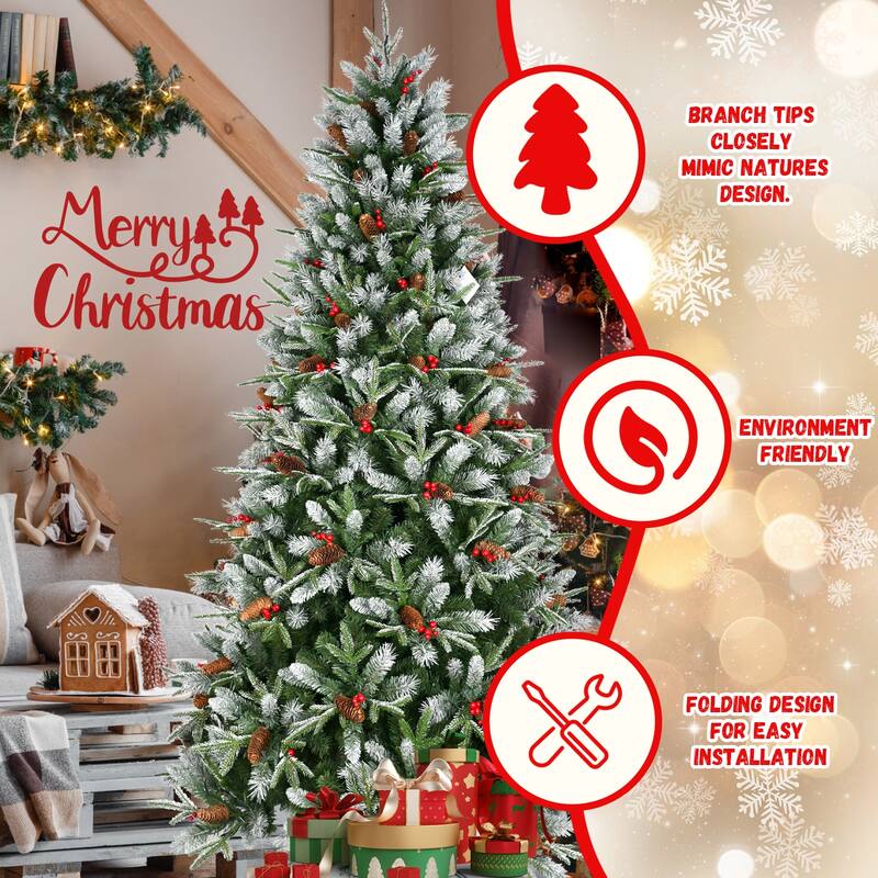 Artificial Christmas Tree - Snow-Dusted PE/PVC Branches, Red Berries, Pine Cones, Metal Stand - Green,White
