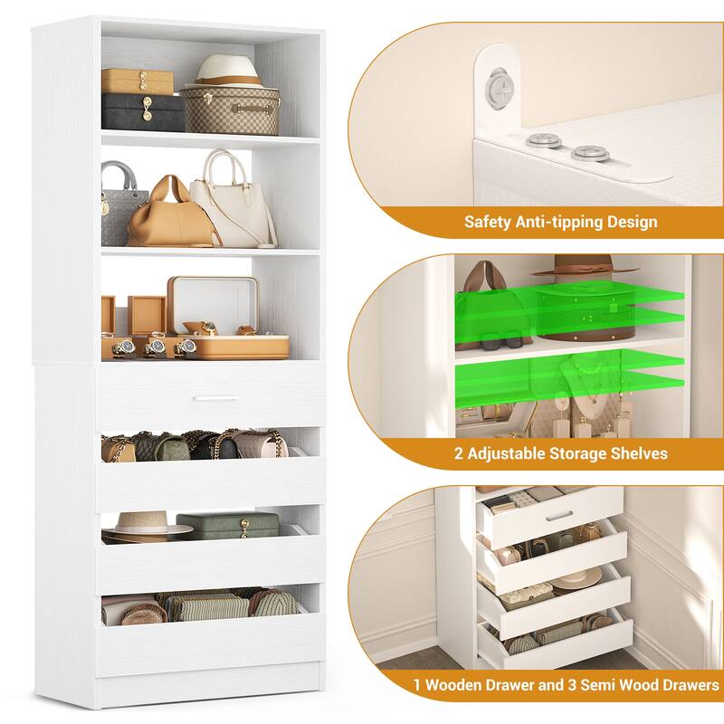 21.3" Storage Cabinet Bookshelf with Charging Station and 3 Wood Drawers, Freestanding Closet System with Storage Shelves
