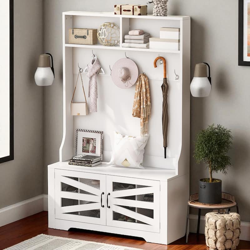 43.3" Hall Tree with Bench, 7 Hooks, Mesh-Door Cabinet, Adjustable Shelves, Entryway Coat Rack Organizer - White