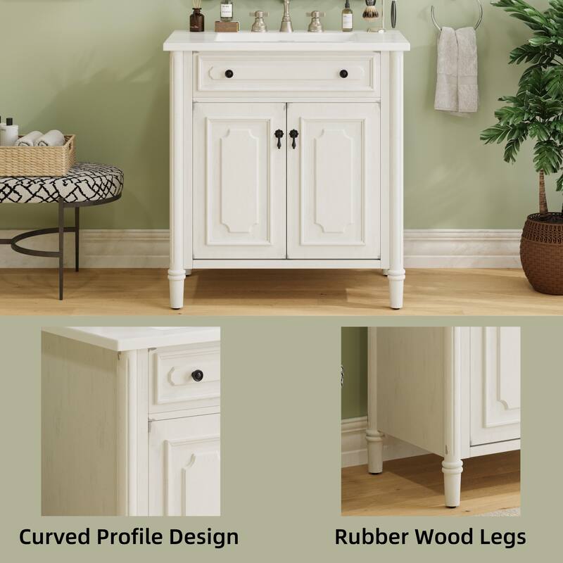 31 Inch Vintage Bathroom Vanity with Sink Soft Close Doors Adjustable Shelf Rubber Wood Legs, Curved Profile Design