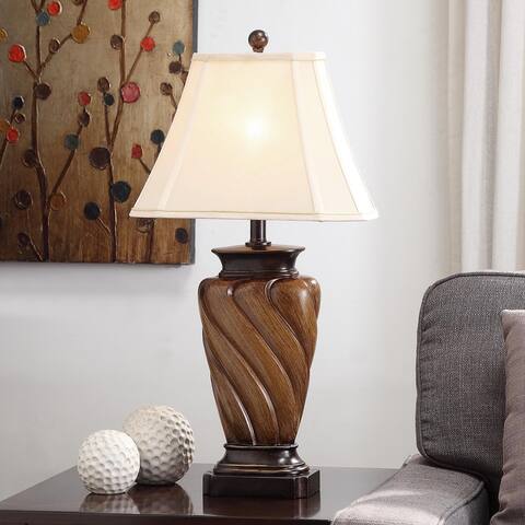 StyleCraft Toffee Wood Table Lamp - White Fabric Shade