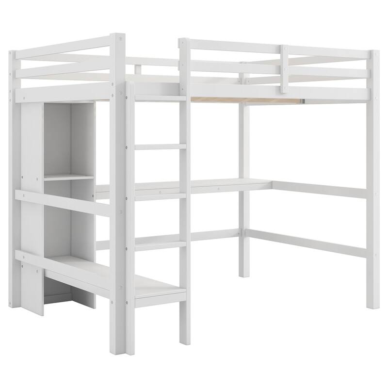 Full Size Loft Bed with Multifunction Shelves and Under-bed Desk