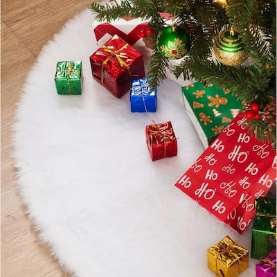 Joyfy 48" White Faux Fur Christmas Tree Skirt for Holiday Decorations - N/A
