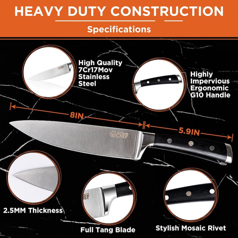 Pro 8 in. High-Carbon Steel Full Tang Chef's Knife with Triple Rivet G10 Handle with Sharpener