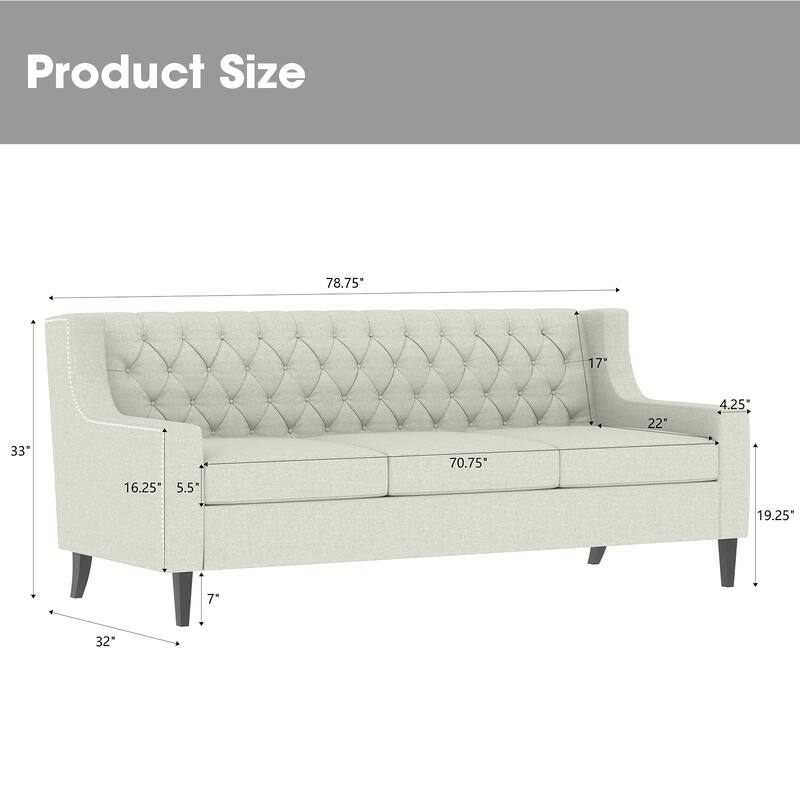 Mid-Century Modern 3-Seater Sofa with Button Tufted Backrest and Plush Cushions