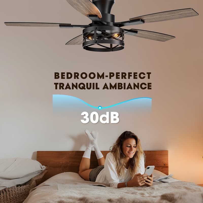 52 Inch Farmhouse Ceiling Fan with Light and Remote Black Industrial Caged Ceiling Fans for Living room - 52 in.
