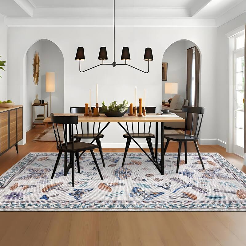 Area Rugs for Living Room Modern Insect Rug Mushroom Pattern Rug Soft Washable Non Slip Low Pile Rug