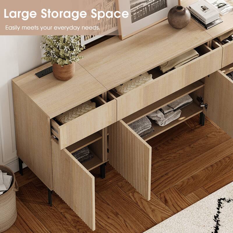 94.5" Wooden Sideboard With Reeded Design, 4-In-1 Modern Credenza With Charging
