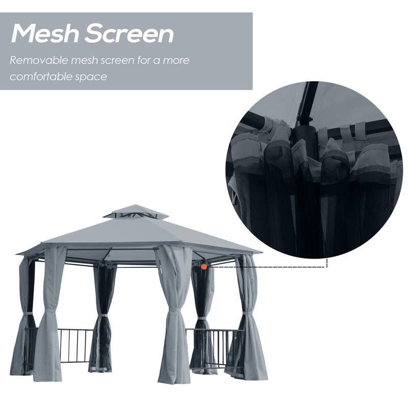 Outsunny 7' x 7' 2-Level Hexagon Outdoor Patio Gazebo Canopy Pavilion with Removable Mesh Curtains, Double Tiered Roof