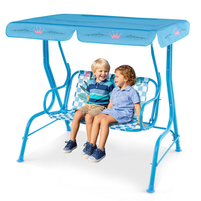 Oxford Cloth Metal Kids Swing with Adjustable Canopy and Safety Belts - 44" L x 28" W x 43.5" H