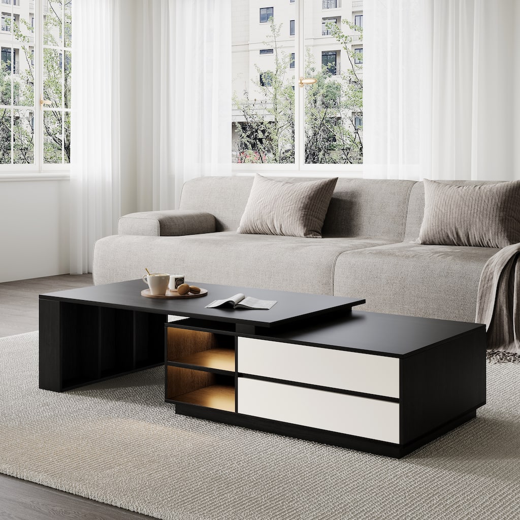 Extendable Coffee Table with LED Lights & 2 Drawers - 43.3" to 70.86"
