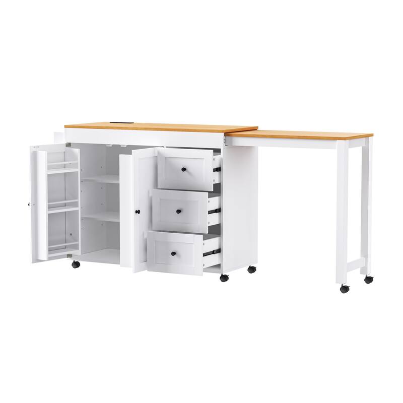 43.3'' Kitchen Island with Extendable Dining Table, Power Outlet, Spice Rack and 3 Drawers - 43.3'' x 17.7'' x 35''